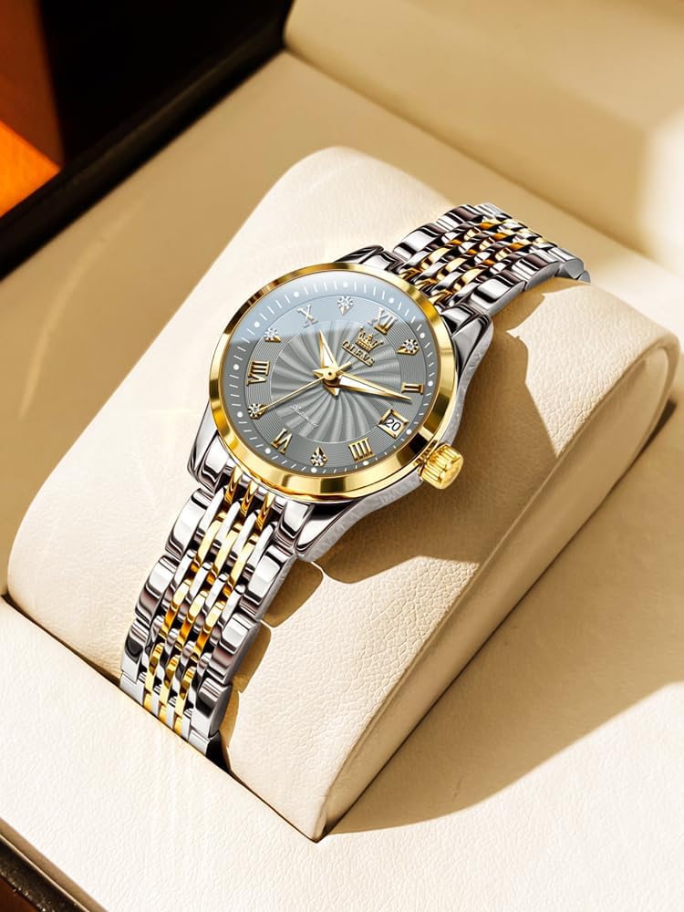 OLEVS Womens Automatic Watches Gold Classic Diamond Ladies Self Winding Mechanical Two Tone Stainless Steel Wrist Watch Date