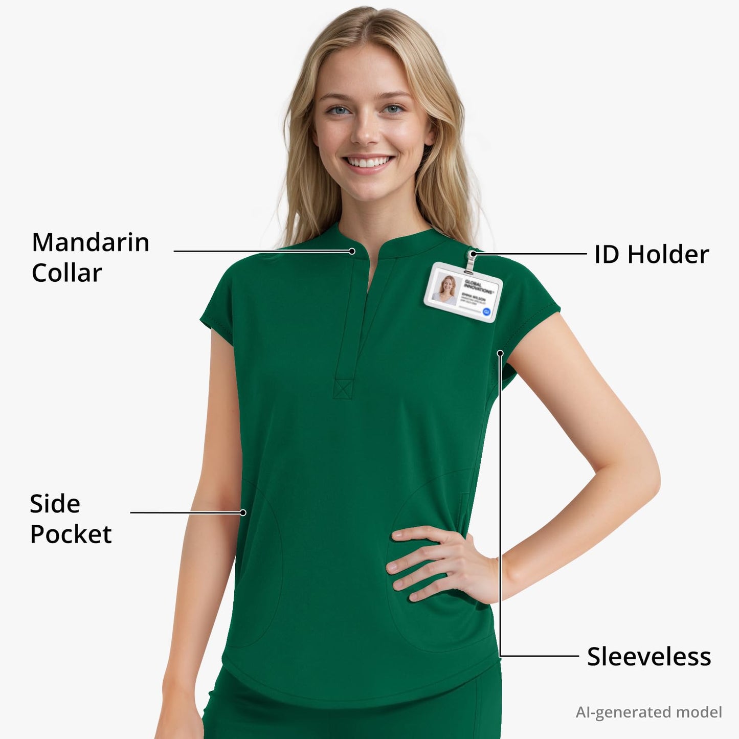 Scrubs for Women Set, Sleeveless 9-Pocket Straight Leg Yoga Waist | Stand-up collar top, straight leg pants side slits. Soft stretch knit. Yoga waist. Wrinkle-free. For nurses/docs/vets.