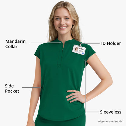 Scrubs for Women Set, Sleeveless 9-Pocket Straight Leg Yoga Waist | Stand-up collar top, straight leg pants side slits. Soft stretch knit. Yoga waist. Wrinkle-free. For nurses/docs/vets.
