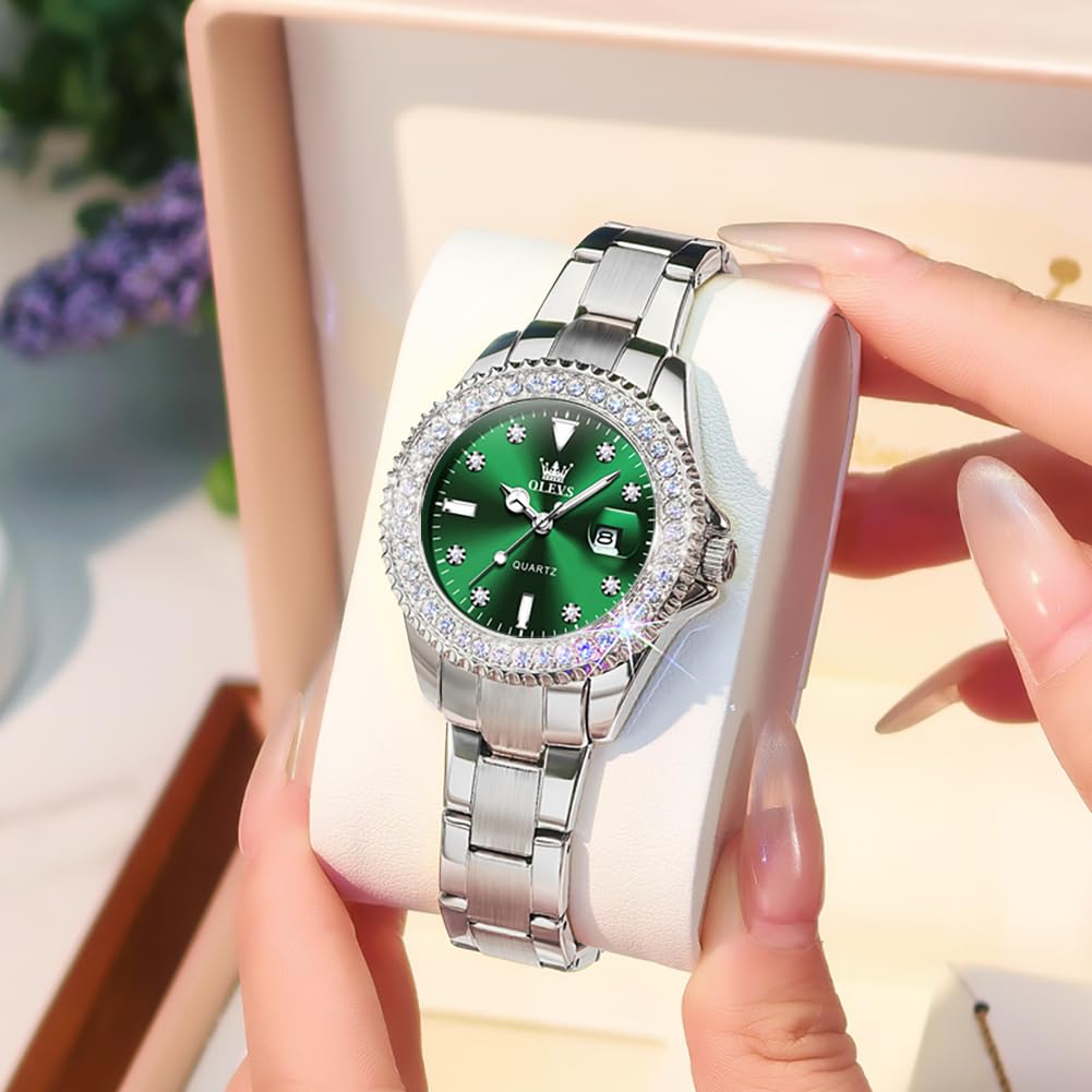 OLEVS Watches Women with Date Silver Stainless Steel Luxury Ladies Watches with Small Writs Diamond Watches for Women Waterproof Elegant Dress Quartz Analog Women's Wrist Watches Reloj de Mujer