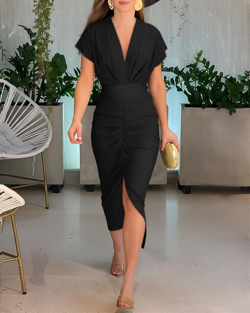 CHICME Summer Dresses for Women Floral Print Plunge V Neck Midi Dress Casual Ruched Slit Bodycon Party Dress