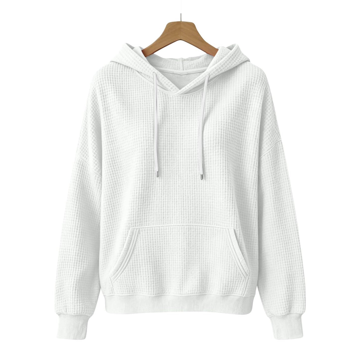 Women Casual Waffle Grid Textured Pullover Hoodie Contrast Drawstring Pocket Loose Long Sleeve Sweatshirts