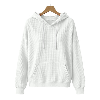Women Casual Waffle Grid Textured Pullover Hoodie Contrast Drawstring Pocket Loose Long Sleeve Sweatshirts