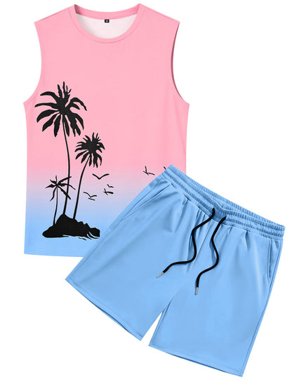 LecGee Men's 2 Piece Hawaiian Tank Tops Tropical Floral Beach Sleeveless Round neck T-shirt Casual Daily Beach Summer