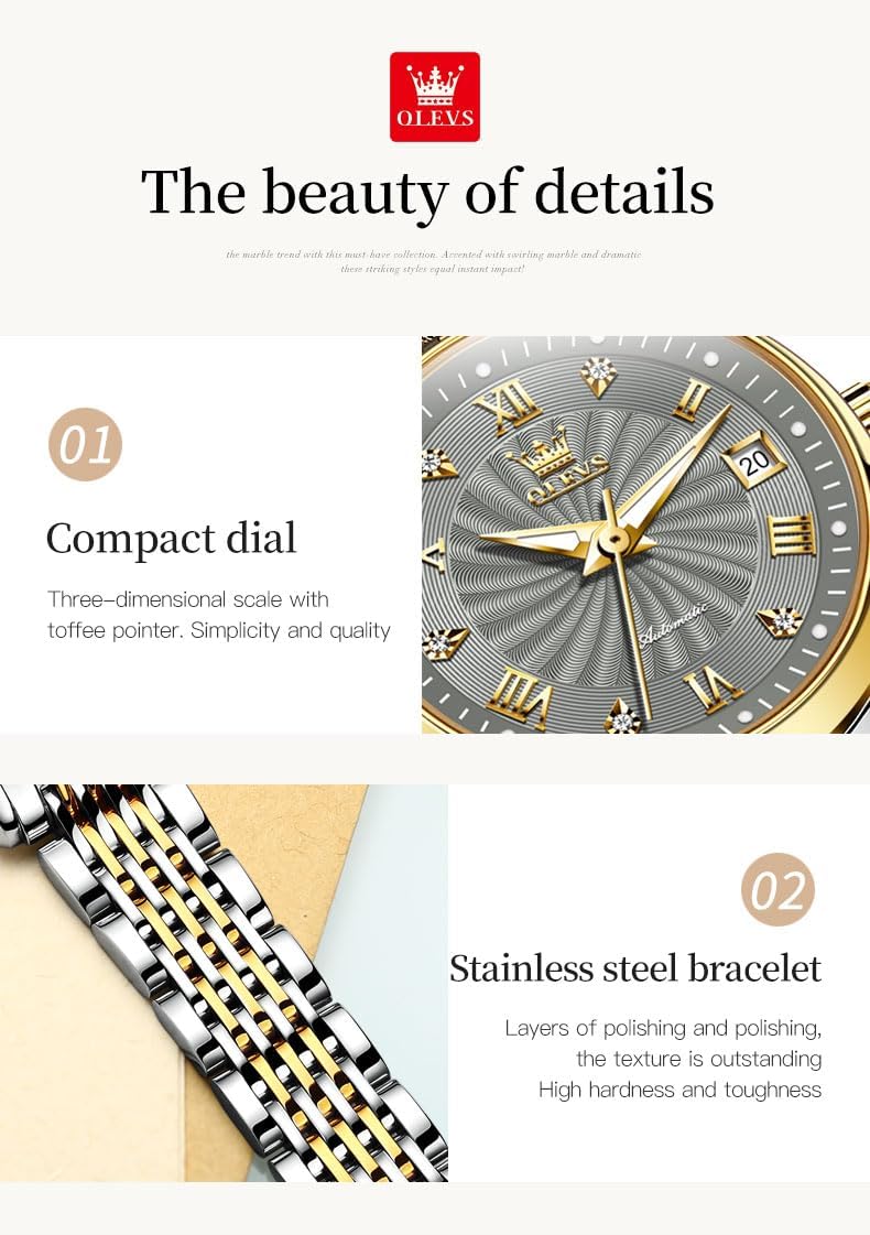 OLEVS Womens Automatic Watches Gold Classic Diamond Ladies Self Winding Mechanical Two Tone Stainless Steel Wrist Watch Date