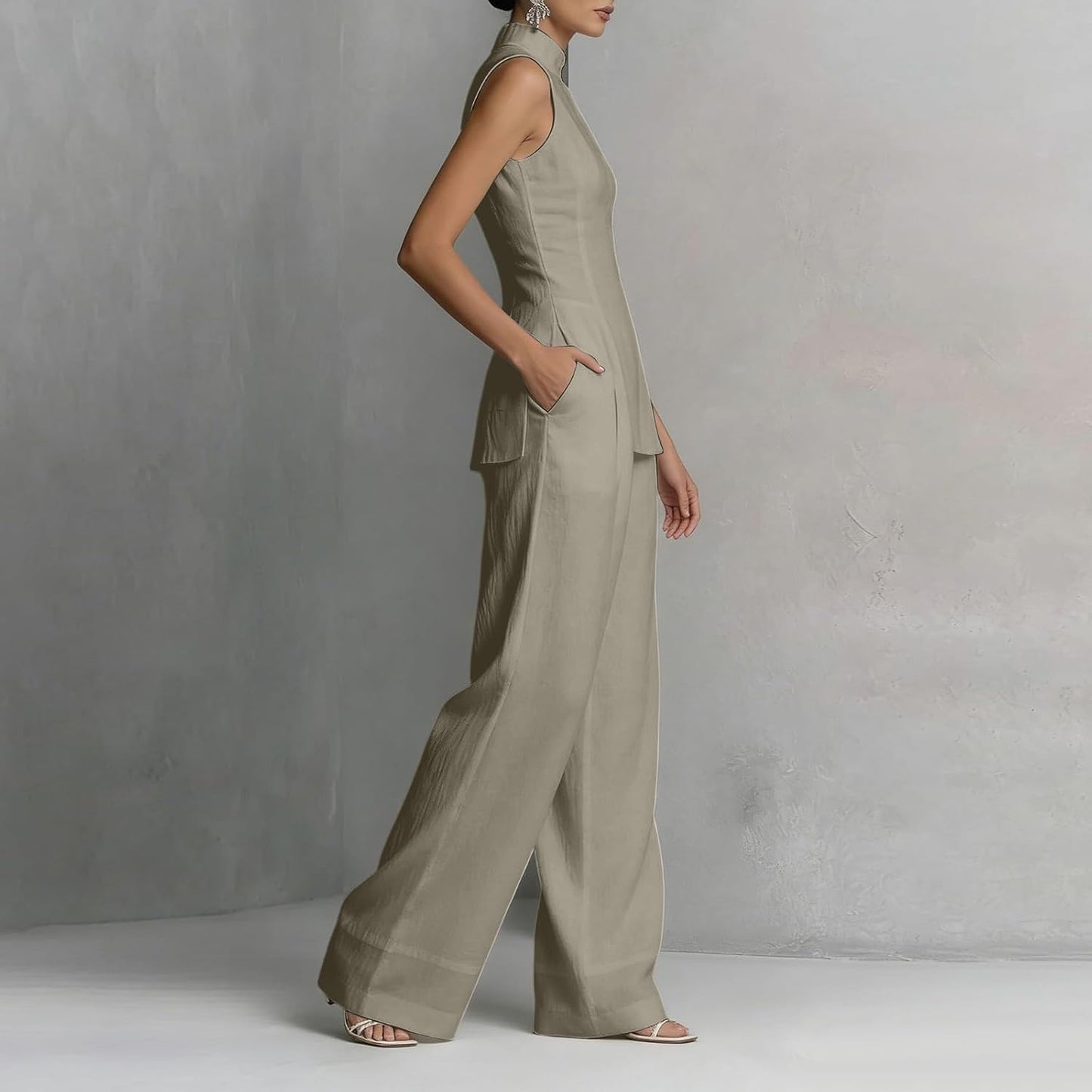 Linen Lounge sets for women, Stand Collar Sleeveless Top and Baggy Wide Leg Pants, Casual Business 2 Piece Set