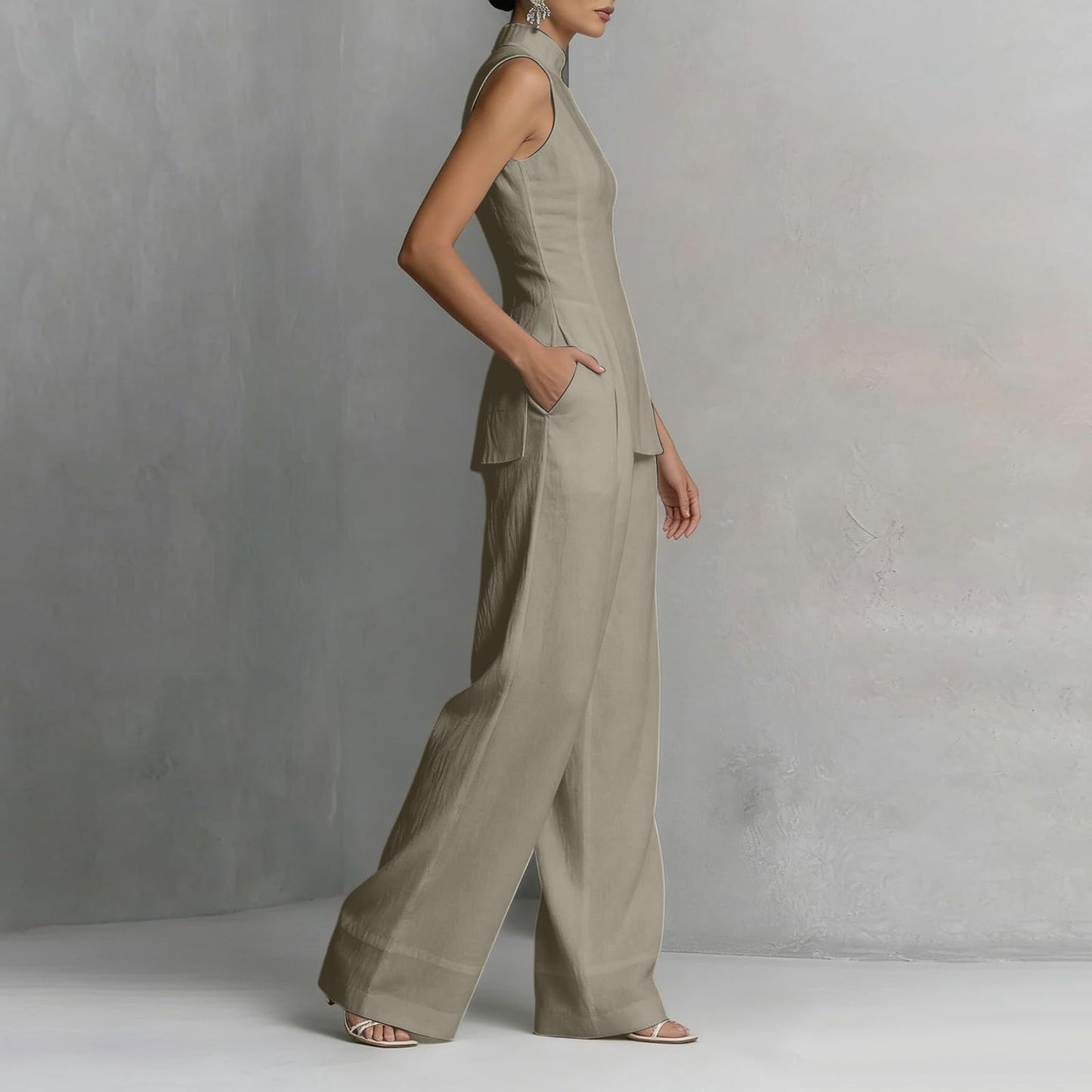 Linen Lounge sets for women, Stand Collar Sleeveless Top and Baggy Wide Leg Pants, Casual Business 2 Piece Set
