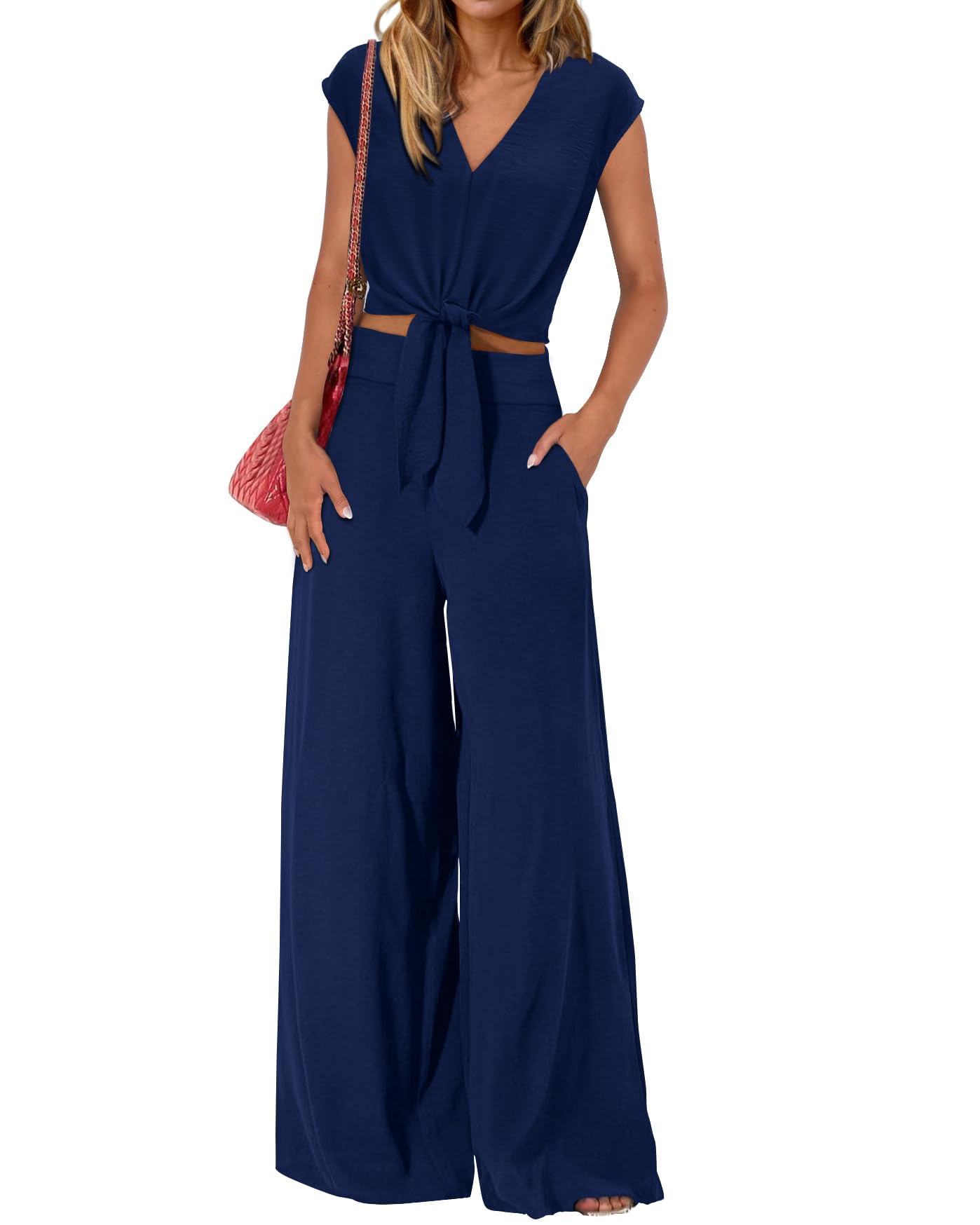 PRETTYGARDEN Women's Summer 2 Piece Outfits 2026 Cap Sleeve V Neck Belted Crop Tops Wide Leg Pant Sets Casual Tracksuit