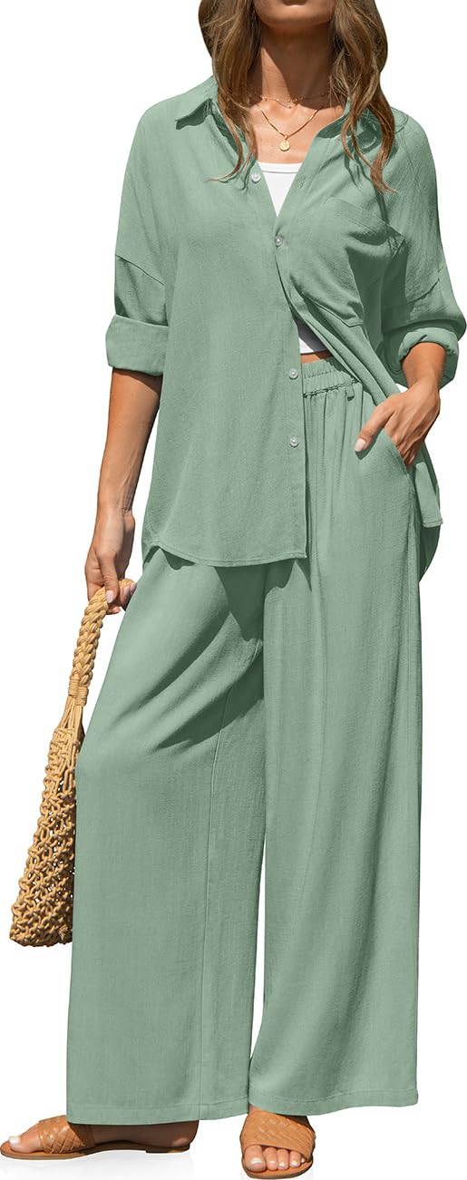 TARSE Womens Linen 2 Piece Outfits Casual Lounge Sets | Long Sleeve, Button Down Shirt and Wide Leg Pants, loose fit linen, vacation outfits with Pockets
