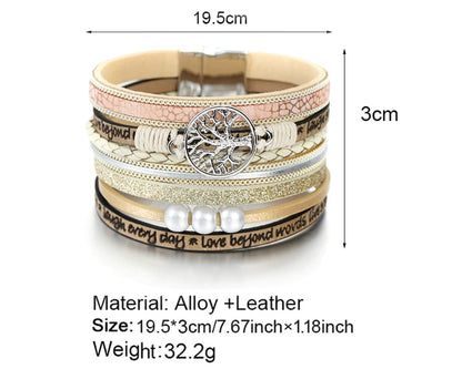 Fesciory Leopard Bracelet for Women, Boho Leather Wrap Multi-Layer Pearl Crystal Bracelet Bangle Jewelry