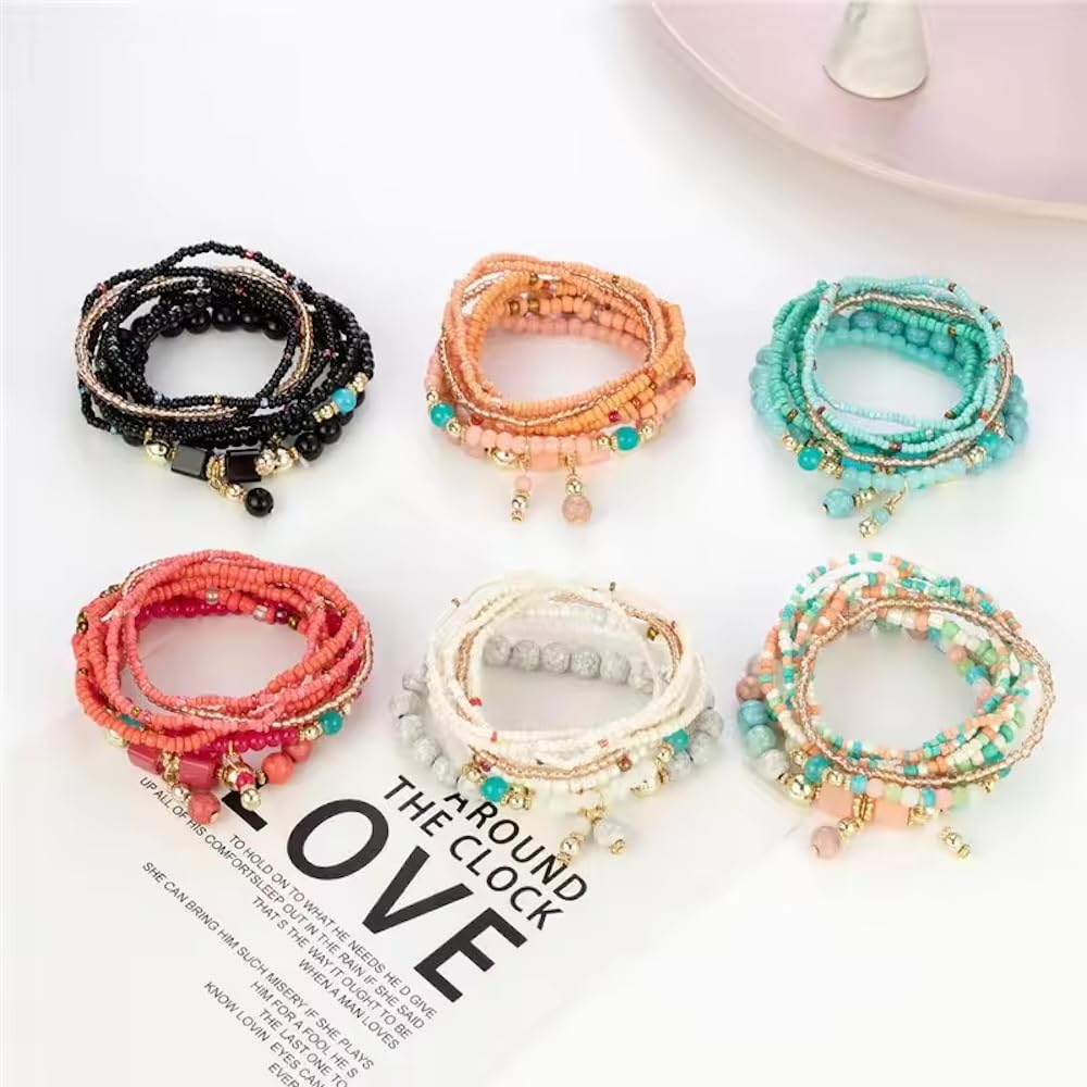 Women Beaded Bracelet Set | Colorful Boho Stackable Trendy Design with Crystal Accents Multilayer Bangle Bracelet | Fashion Stretch Braclets Jewelry for Women