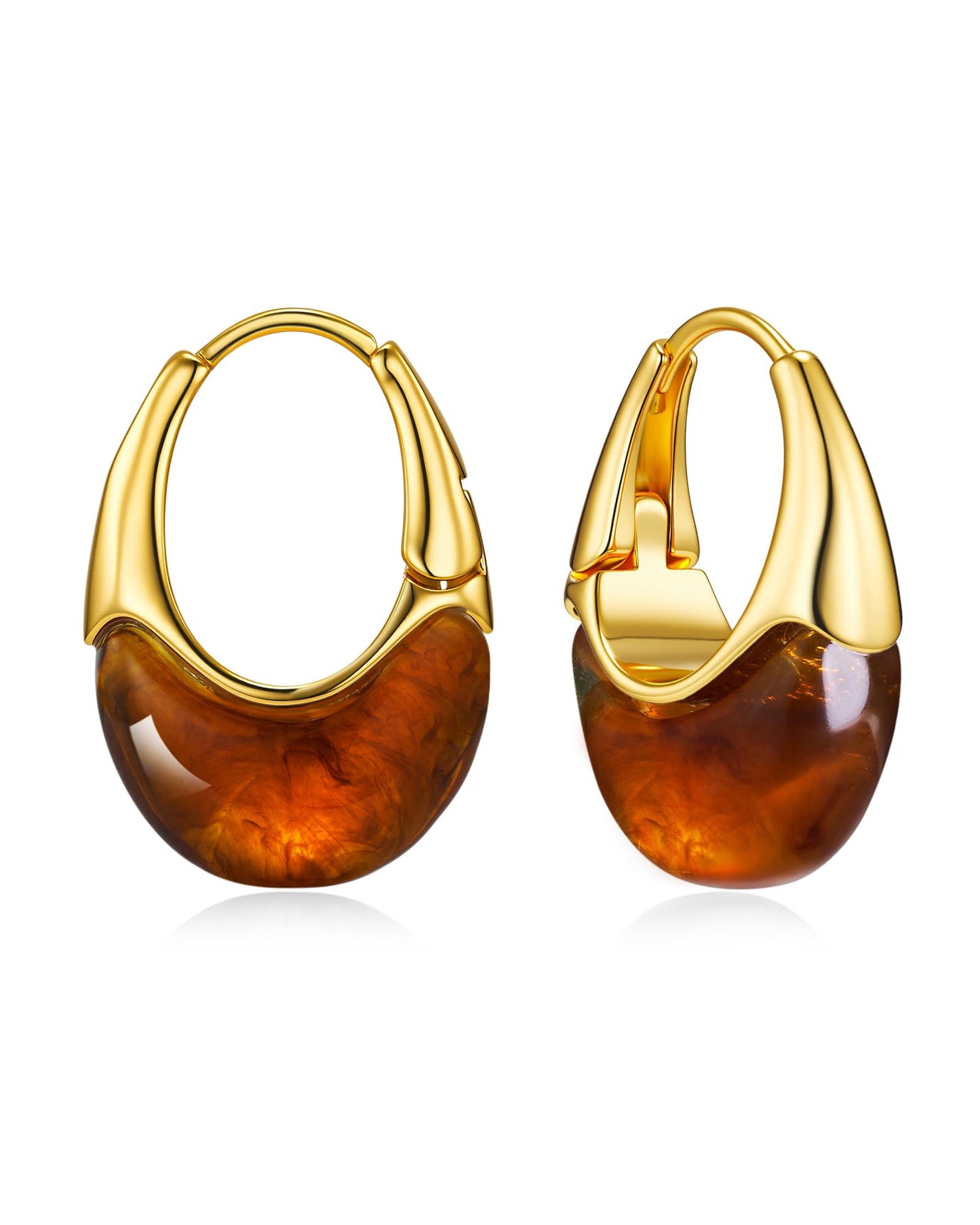 SNGIA Long Oval Chunky Dangle 18K Gold Plated Hoops with Colored Resin Gemstone Statement Earrings for Women, (Green, Brown, Light blue, Dark Blue), Bold Drop Handmade Exaggerated Irregular Trendy Bohemian Jewelry Gifts, Unique Dangling Teardrop Baroque S