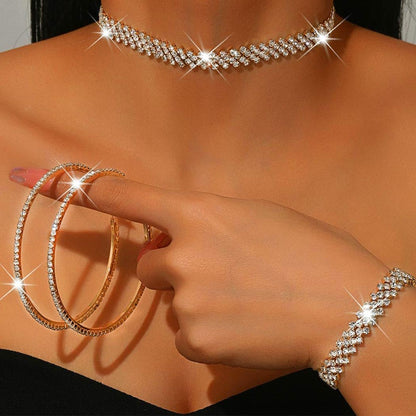 Unicra Black Jewelry Sets Rhinestone Necklace Hoop Earrings Bracelet Set Prom Formal Sparkly Costume Jewelry Sets for Women
