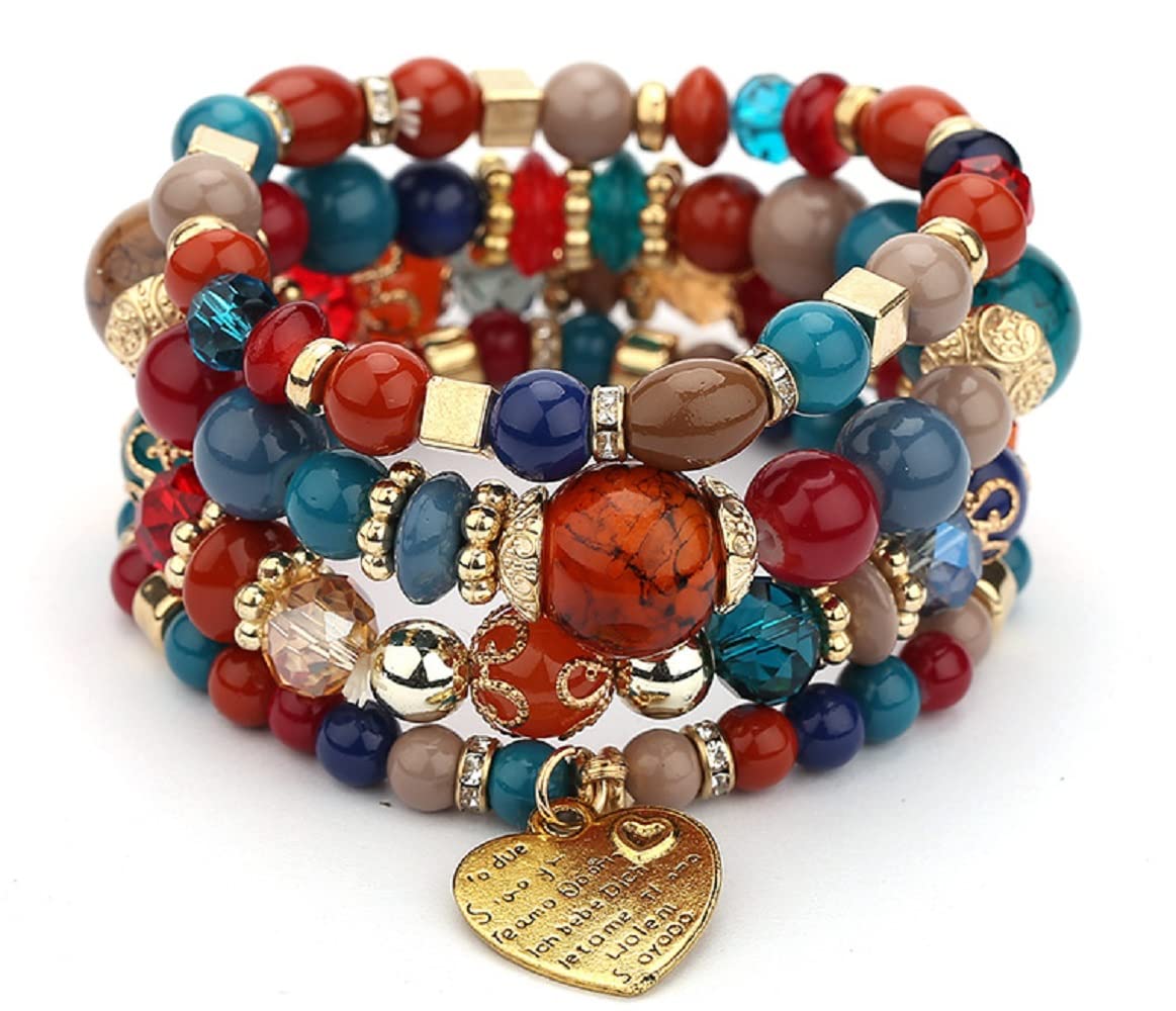 Women Beaded Bracelet Set | Colorful Boho Stackable Trendy Design with Crystal Accents Multilayer Bangle Bracelet | Fashion Stretch Braclets Jewelry for Women