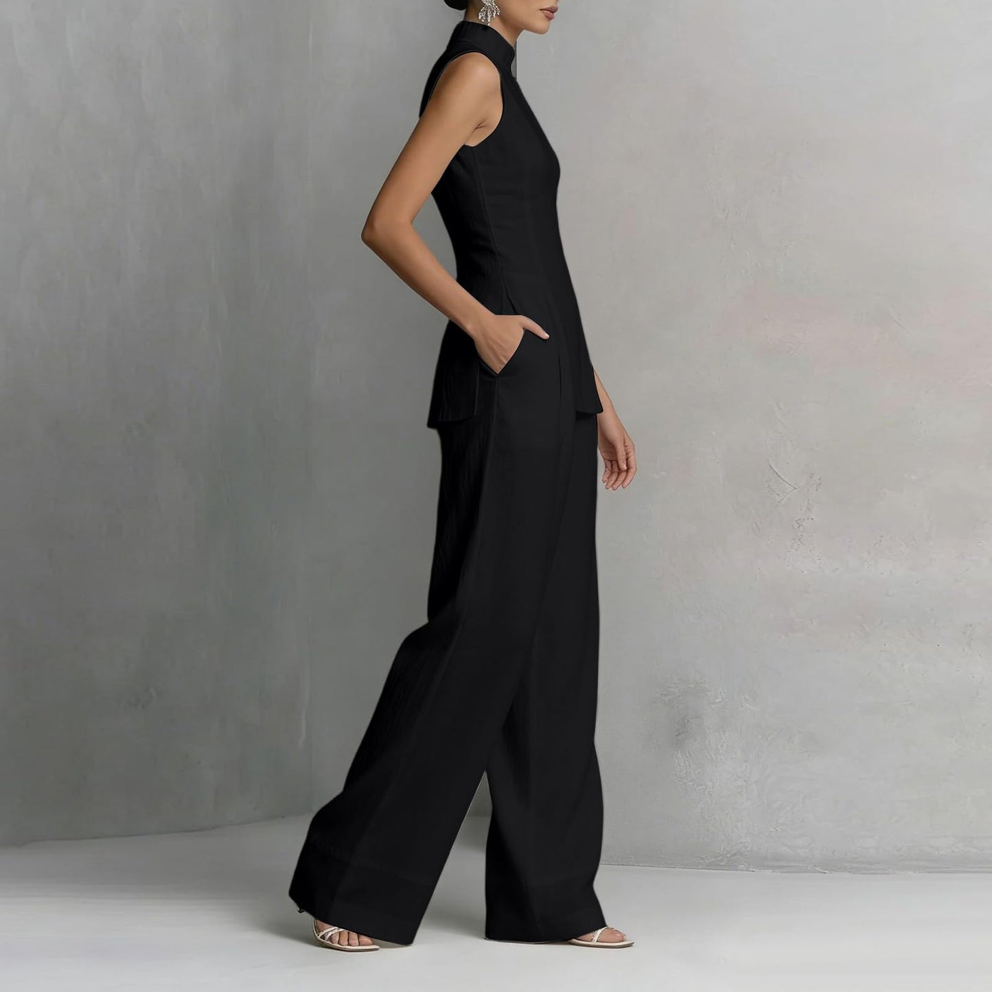 Linen Lounge sets for women, Stand Collar Sleeveless Top and Baggy Wide Leg Pants, Casual Business 2 Piece Set