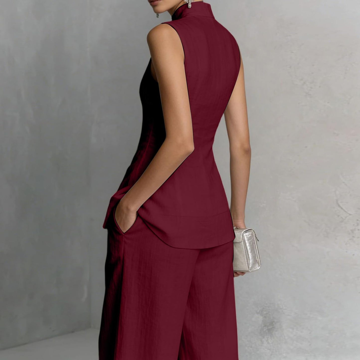 Linen Lounge sets for women, Stand Collar Sleeveless Top and Baggy Wide Leg Pants, Casual Business 2 Piece Set
