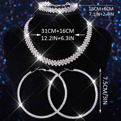 Unicra Black Jewelry Sets Rhinestone Necklace Hoop Earrings Bracelet Set Prom Formal Sparkly Costume Jewelry Sets for Women