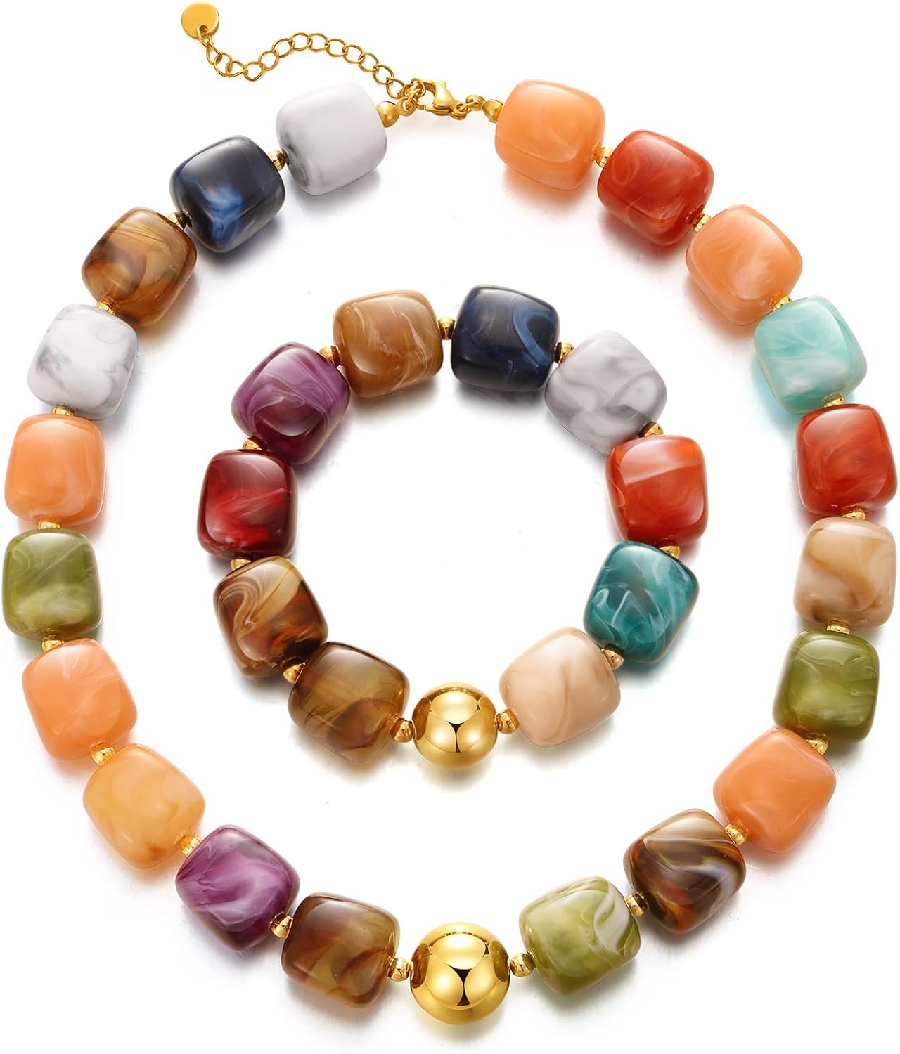 KISS WIFE Colorful Necklace and Bracelet Set for Women, Summer Beach Jewelry, Chunky Resin Square Beaded Choker Necklace, Stretch Acrylic Cube Bead Bracelet, Trendy Dopamine Dressing Jewelry Set