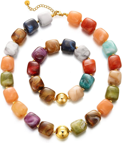 KISS WIFE Colorful Necklace and Bracelet Set for Women, Summer Beach Jewelry, Chunky Resin Square Beaded Choker Necklace, Stretch Acrylic Cube Bead Bracelet, Trendy Dopamine Dressing Jewelry Set