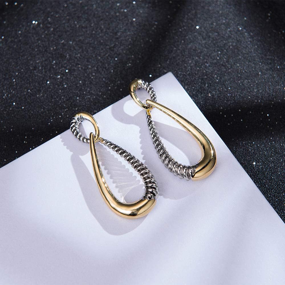 Mytys Two Tone Curved Dangle Drop Earrings - Gold Silver Plated Statement Earrings with Twisted Rope Design, Hypoallergenic Post for Women