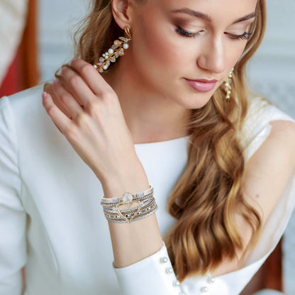 Fesciory Leopard Bracelet for Women, Boho Leather Wrap Multi-Layer Pearl Crystal Bracelet Bangle Jewelry