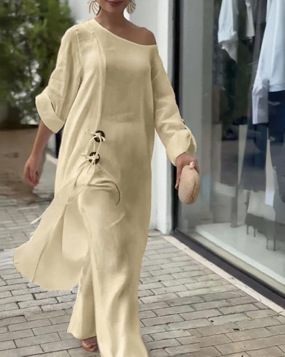 CHICME Women's Linen 2 Piece Vacation Set Cold Shoulder Wide Leg Pants | Lightweight Linen-Blend Fabric. Cold Shoulder Design. Perfect for Vacations, Travel, and Everyday Wear.