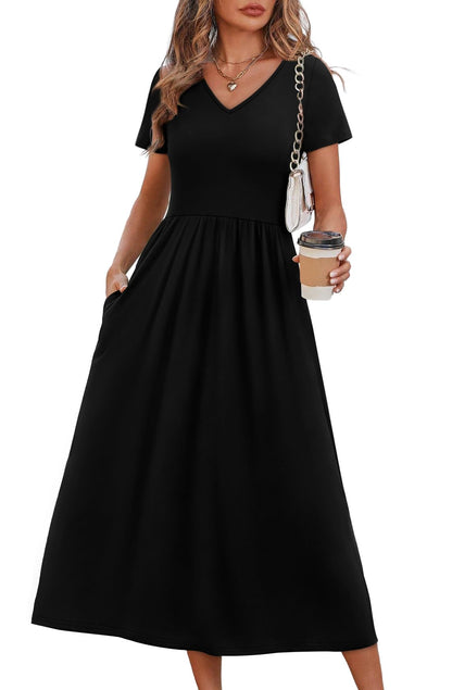 OFEEFAN Summer Dresses for Women Flowy Casual A-Line Midi Dress Beach Vacation Sundresses with Pockets S-2XL