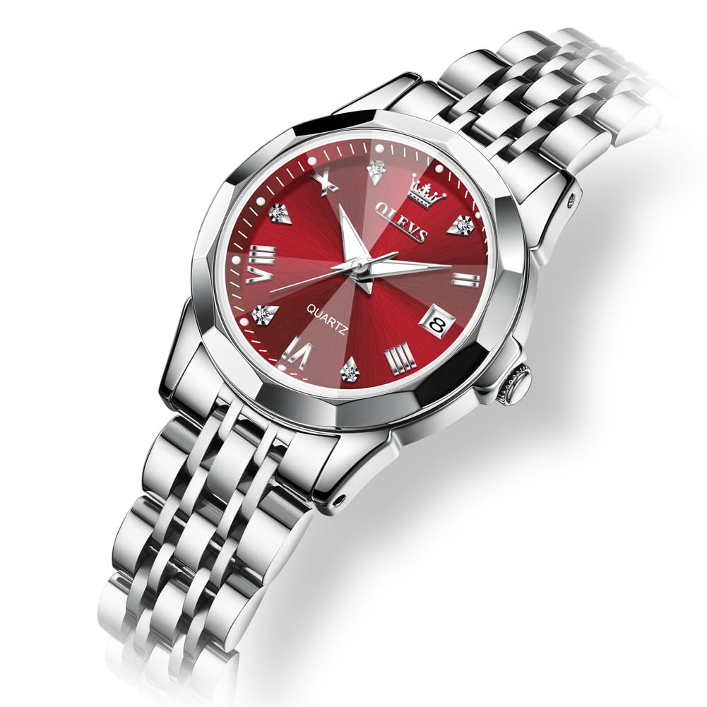 OLEVS Watches Women with Date Silver Stainless Steel Luxury Ladies Watches with Small Writs Diamond Watches for Women Waterproof Elegant Dress Quartz Analog Women's Wrist Watches Reloj de Mujer