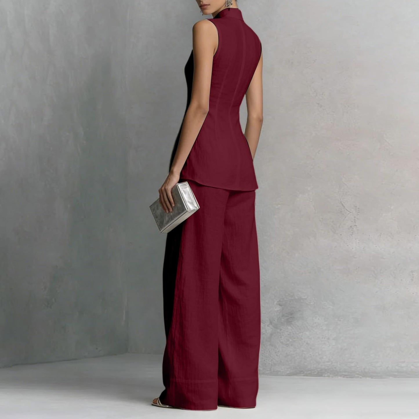 Linen Lounge sets for women, Stand Collar Sleeveless Top and Baggy Wide Leg Pants, Casual Business 2 Piece Set