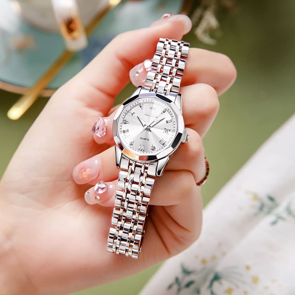 OLEVS Watches Women with Date Silver Stainless Steel Luxury Ladies Watches with Small Writs Diamond Watches for Women Waterproof Elegant Dress Quartz Analog Women's Wrist Watches Reloj de Mujer