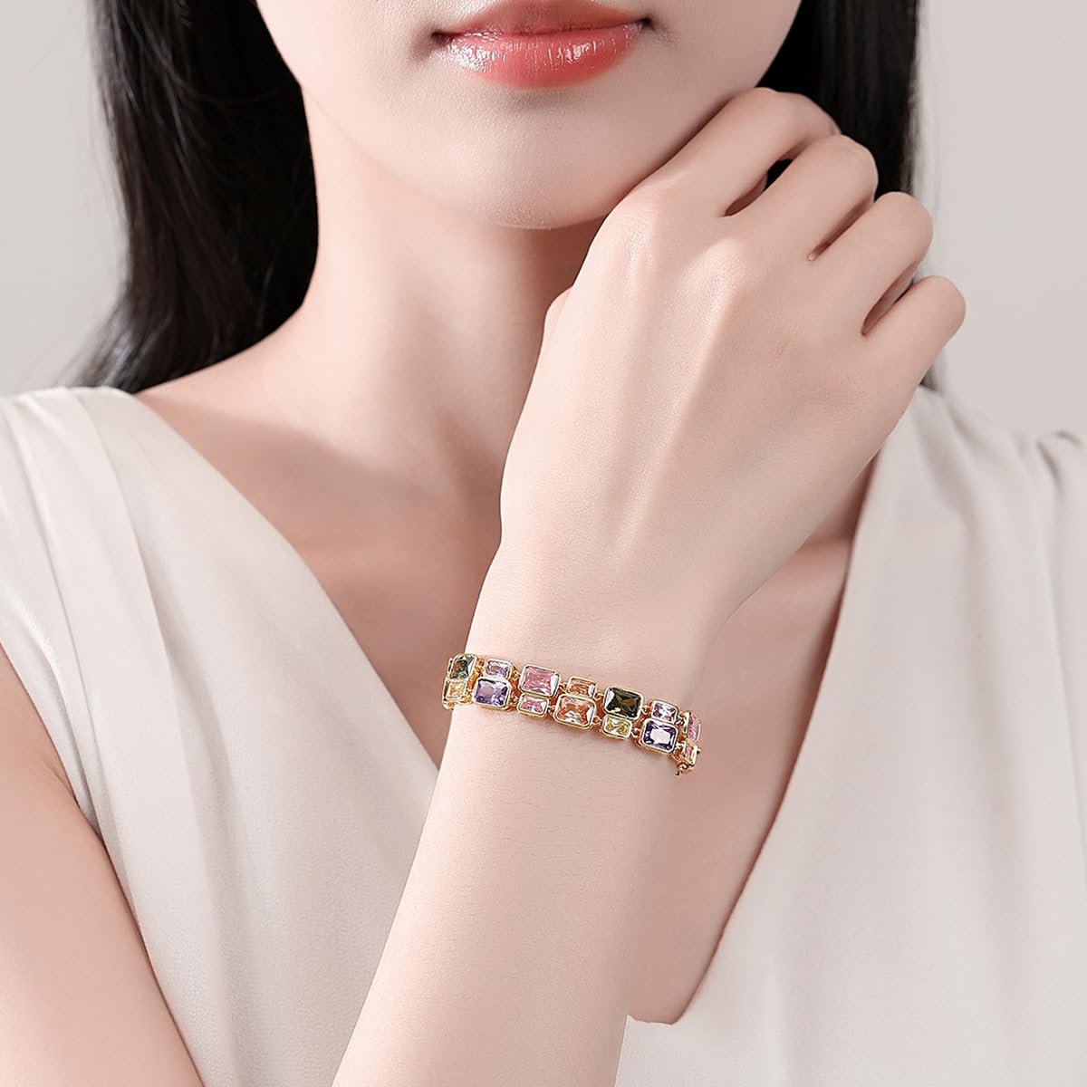 14K Gold Multi-Color Double Layer Moissanite Bracelet, Women's Luxurious Style, Unique Fashion Accessory