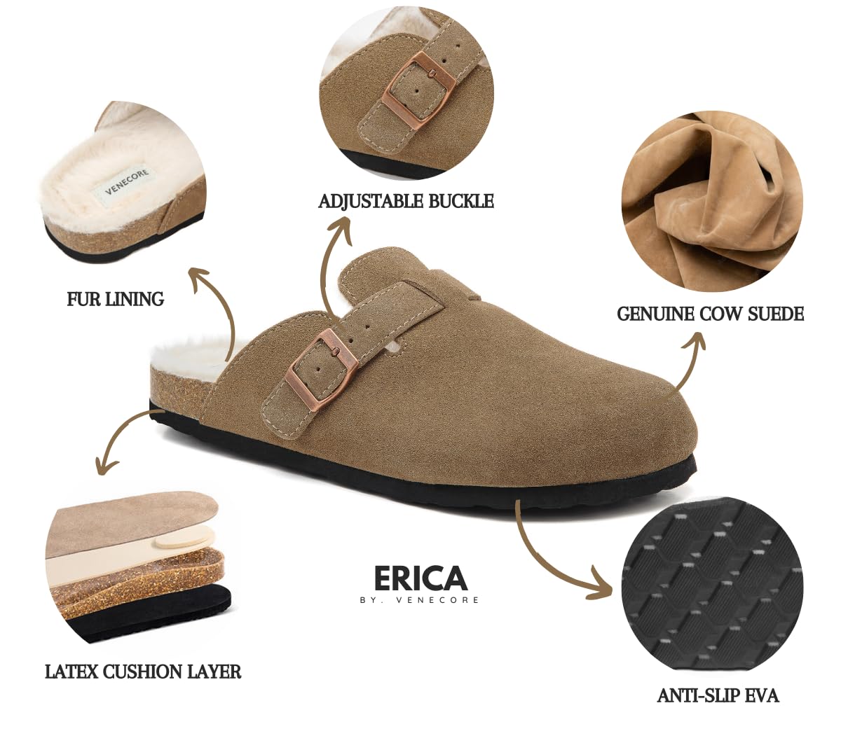 Erica Women's Cork Footbed Clogs Genuine Soft Suede Fuzzy Faux Fur Lined Comfort Cushioned Mule Slide Shoes