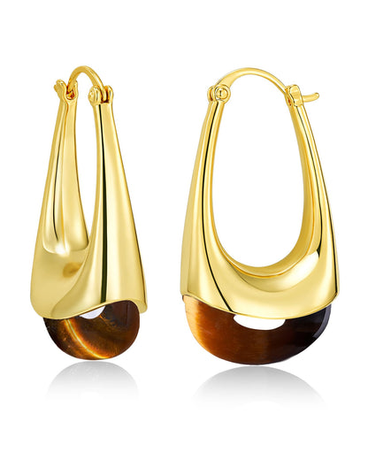 SNGIA Long Oval Chunky Dangle 18K Gold Plated Hoops with Colored Resin Gemstone Statement Earrings for Women, (Green, Brown, Light blue, Dark Blue), Bold Drop Handmade Exaggerated Irregular Trendy Bohemian Jewelry Gifts, Unique Dangling Teardrop Baroque S