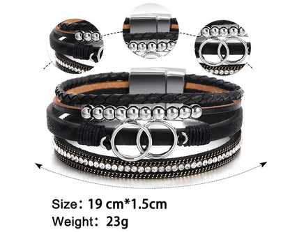 Fesciory Leopard Bracelet for Women, Boho Leather Wrap Multi-Layer Pearl Crystal Bracelet Bangle Jewelry