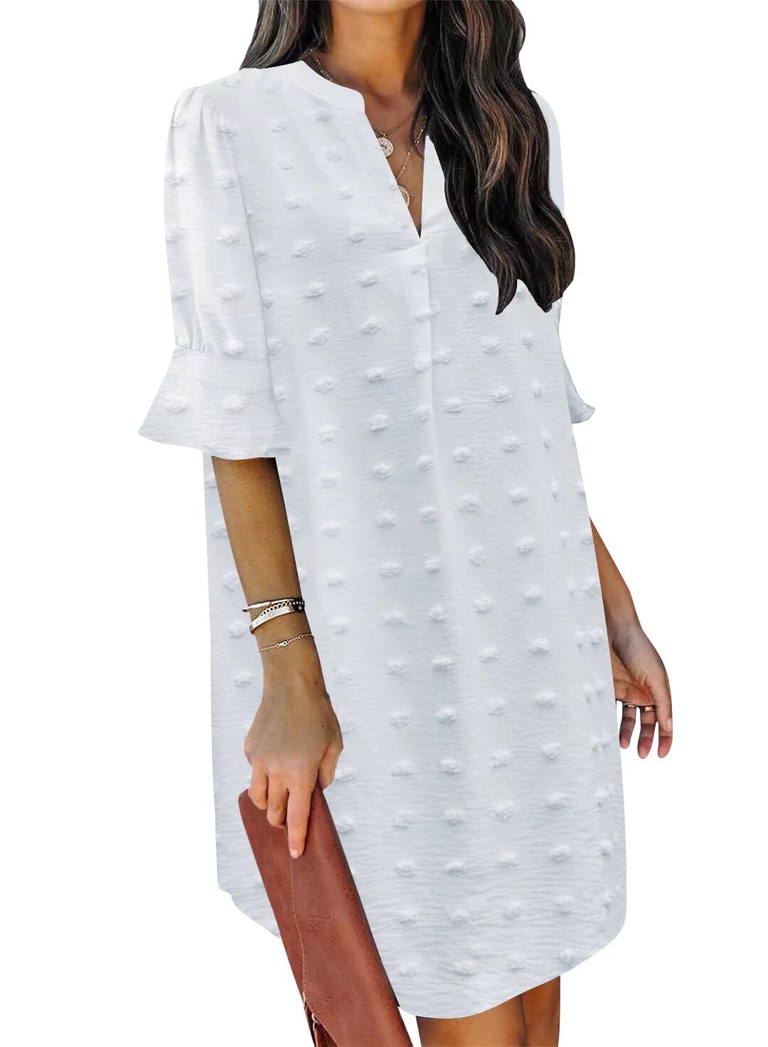 QACOHU Womens Summer Casual V Neck Shift Mini Dress | Flowy Swing Basic Loose Dresses, Ruffle Short Sleeve, Straight, Floral Boho Style, Wedding Guest Beach Vacation Outfits