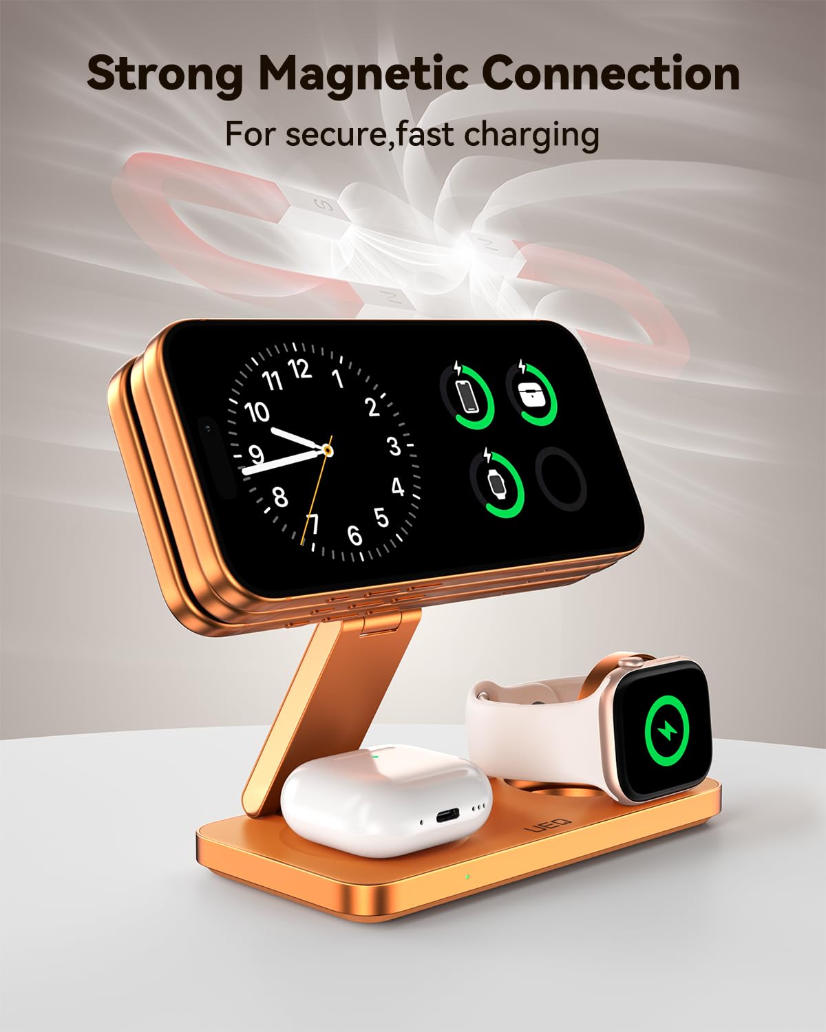 UEQ Foldable 3 in 1 Wireless Charging Station for Apple Magsafe Charger Stand,Fast Magnetic Wireless Charger Station for iPhone 17 Air 16 15 14 13 12 Series,Airpods Pro,Apple Watch Ultra (Pure Black)