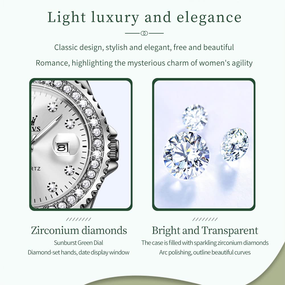 OLEVS Watches Women with Date Silver Stainless Steel Luxury Ladies Watches with Small Writs Diamond Watches for Women Waterproof Elegant Dress Quartz Analog Women's Wrist Watches Reloj de Mujer