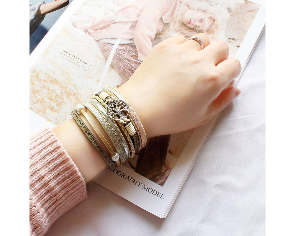 Fesciory Leopard Bracelet for Women, Boho Leather Wrap Multi-Layer Pearl Crystal Bracelet Bangle Jewelry