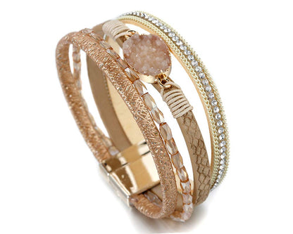Fesciory Leopard Bracelet for Women, Boho Leather Wrap Multi-Layer Pearl Crystal Bracelet Bangle Jewelry