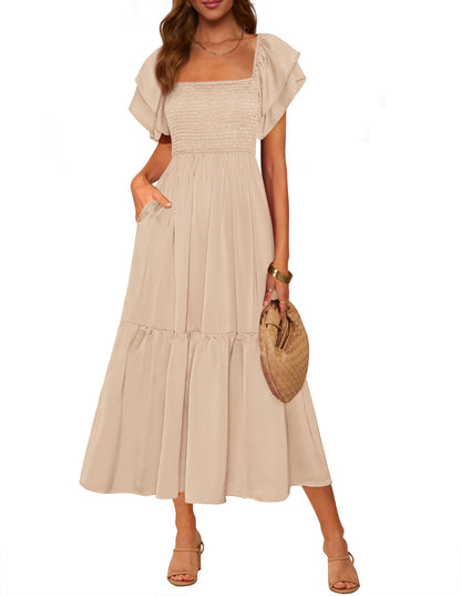 MASCOMODA Womens Summer Casual Midi Dress Square Neck Ruffle Short Sleeve Smocked High Waist A Line Wedding Guest Dresses