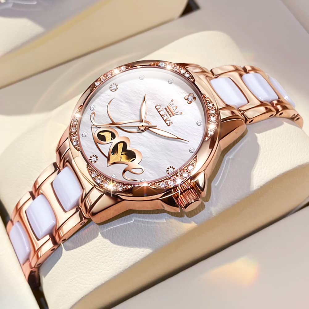 OLEVS Automatic Watches for Women Rose Gold Fashion Diamond Dress Ladies Wrist Watch Self Winding Mechanical Two Tone Ceramic Band Waterproof