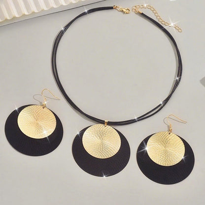 Gold Disc Pendant Necklace Earrings Set Leather Cord Black Circle Statement Necklaces Geometric Textured Medallion Jewelry For Women Party Fashion