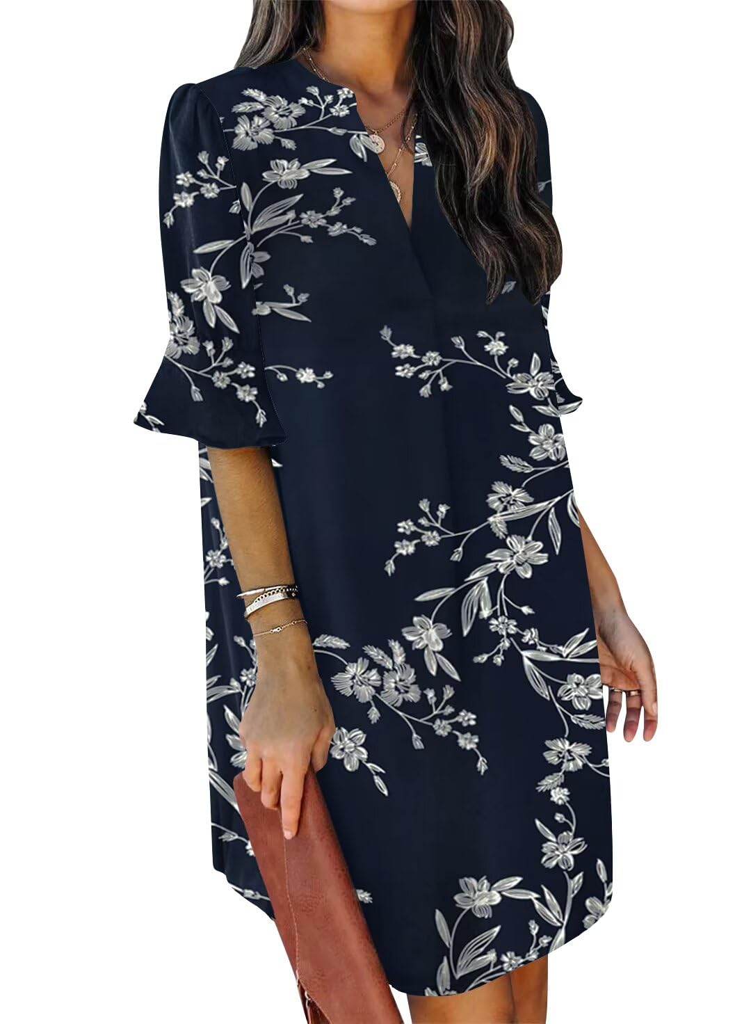 QACOHU Womens Summer Casual V Neck Shift Mini Dress | Flowy Swing Basic Loose Dresses, Ruffle Short Sleeve, Straight, Floral Boho Style, Wedding Guest Beach Vacation Outfits