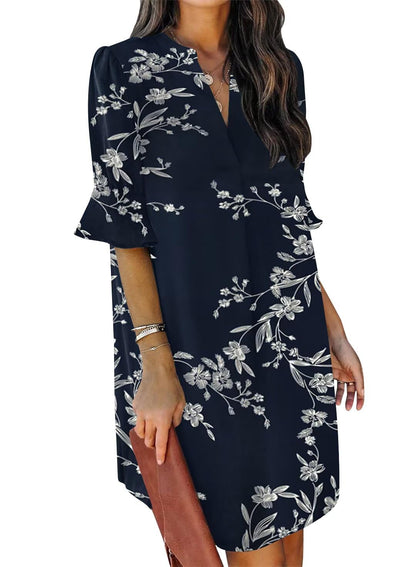QACOHU Womens Summer Casual V Neck Shift Mini Dress | Flowy Swing Basic Loose Dresses, Ruffle Short Sleeve, Straight, Floral Boho Style, Wedding Guest Beach Vacation Outfits