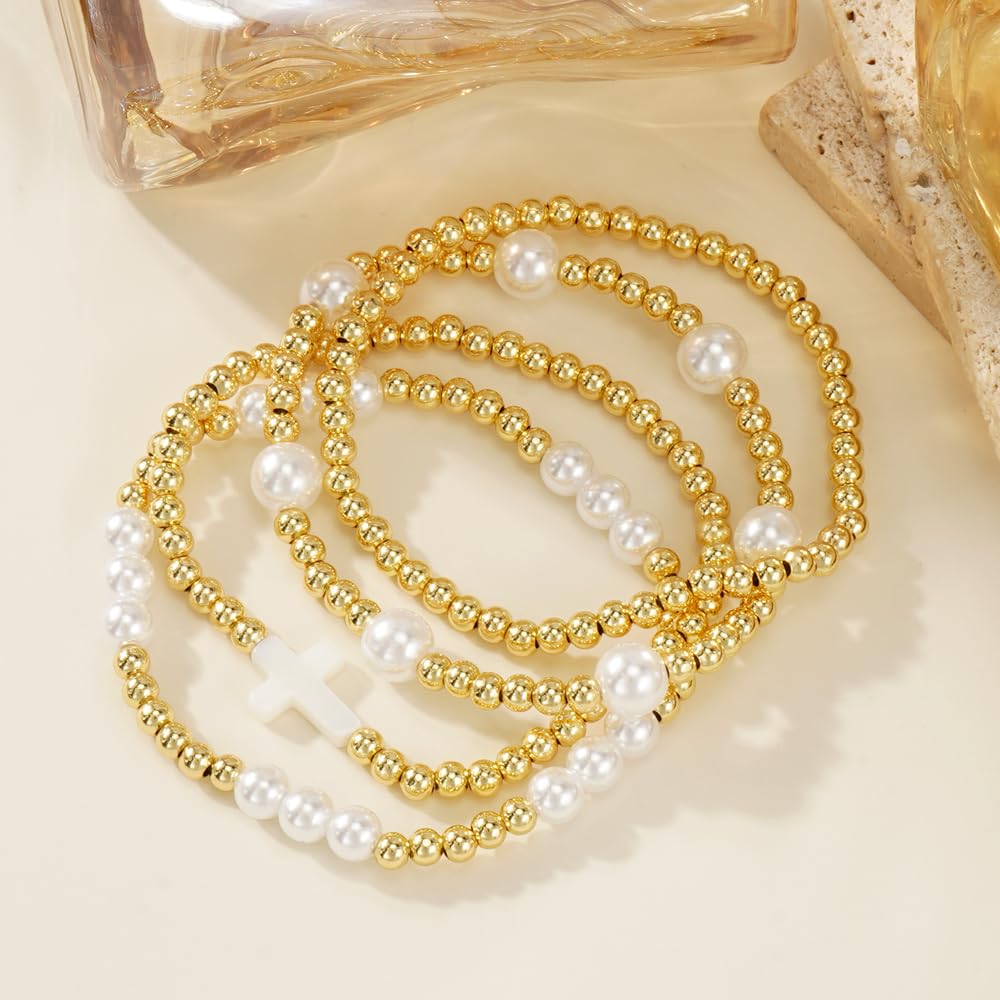 14K Gold Plated Pearl Beaded Cross Bracelets Stack Set for Women,Stretch Boho Colorful Christian Beads Ball Jewelry Friendship Summer Trendy Gift