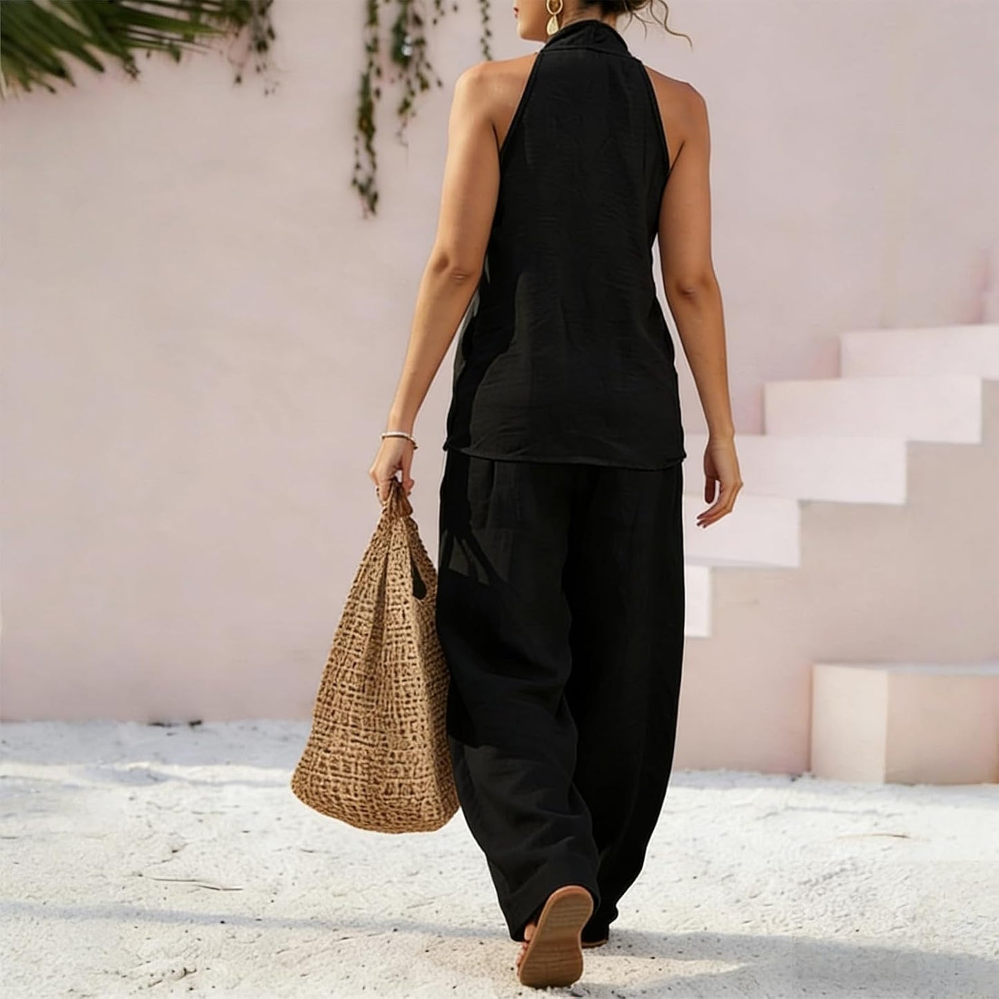 Womens Linen 2 Piece Sets Sleeveless V Neck Halter Top Wide Leg Pants Summer Matching Lounge Set Casual Outfits Black