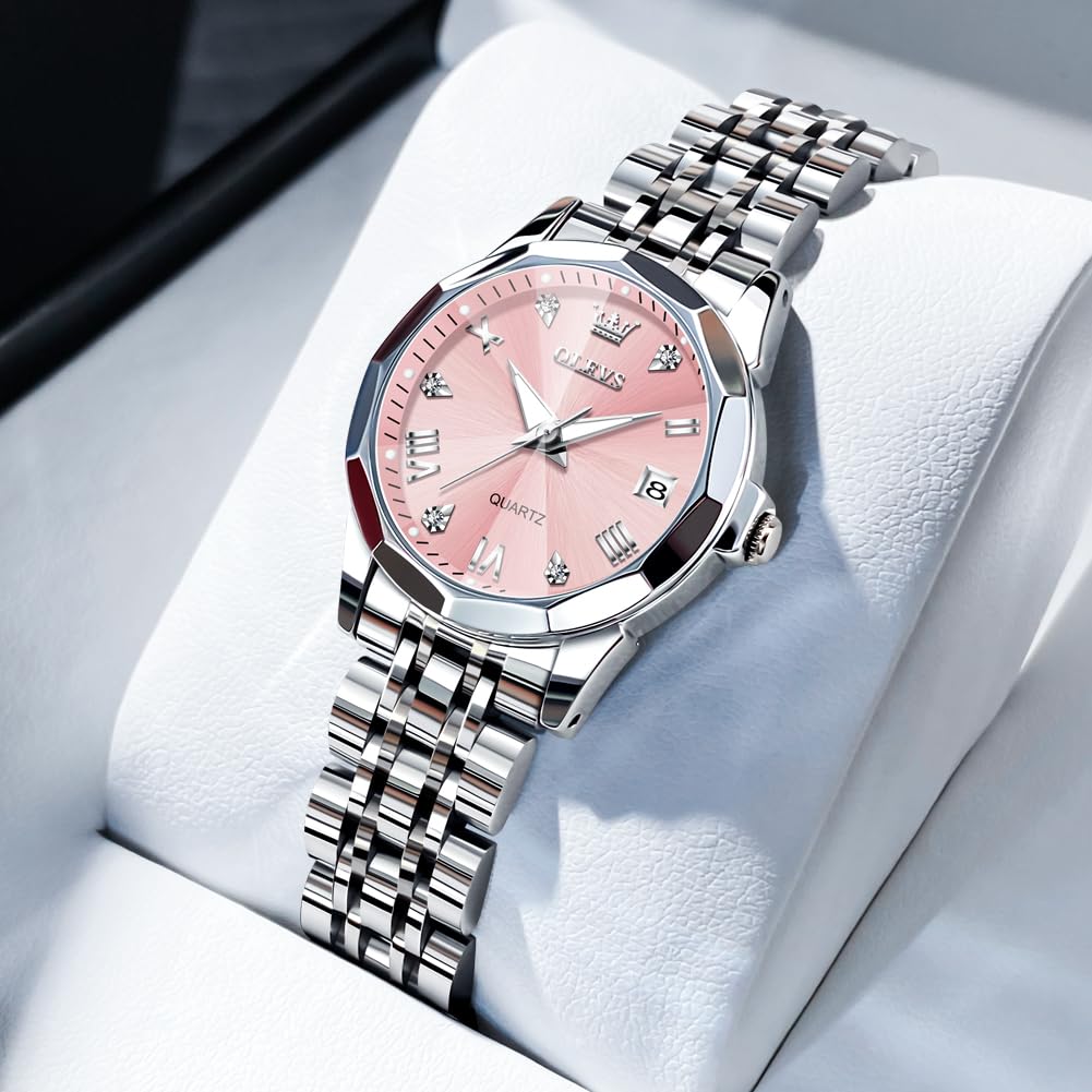 OLEVS Watches Women with Date Silver Stainless Steel Luxury Ladies Watches with Small Writs Diamond Watches for Women Waterproof Elegant Dress Quartz Analog Women's Wrist Watches Reloj de Mujer