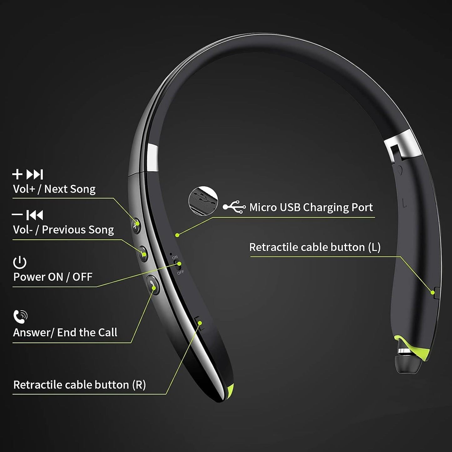 Bluetooth Headset, 2026 Upgraded Neckband Bluetooth Headphones with Retractable Earbuds, Noise Cancelling Stereo Earphones with Mic, Foldable Wireless Headphones for Sports Office w/Carry Case(Black)