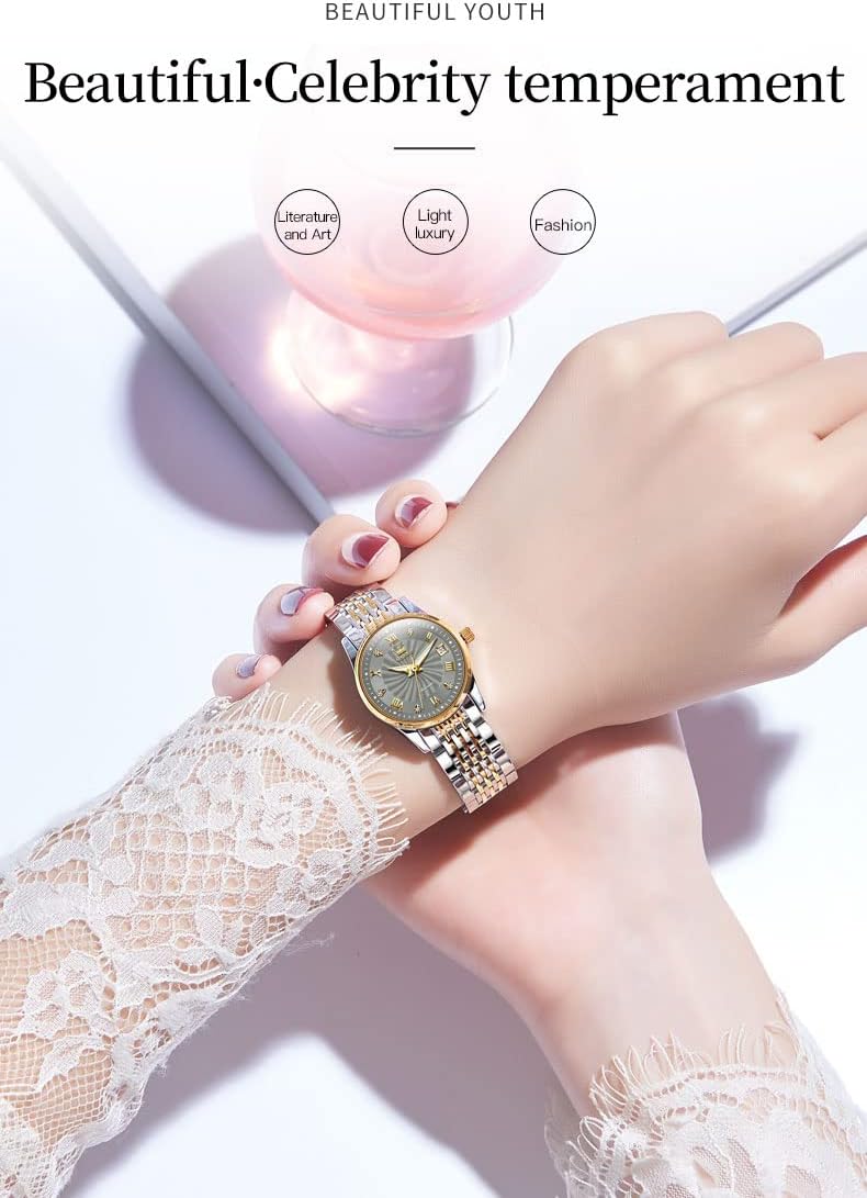 OLEVS Womens Automatic Watches Gold Classic Diamond Ladies Self Winding Mechanical Two Tone Stainless Steel Wrist Watch Date