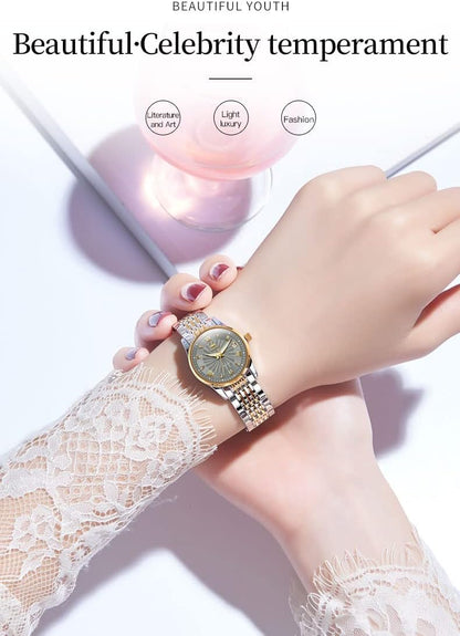 OLEVS Womens Automatic Watches Gold Classic Diamond Ladies Self Winding Mechanical Two Tone Stainless Steel Wrist Watch Date